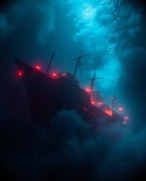 A stunningly rendered underwater shipwreck scene, bathed in rich burgundy and deep blue hues, evokes a modern, futuristic aes