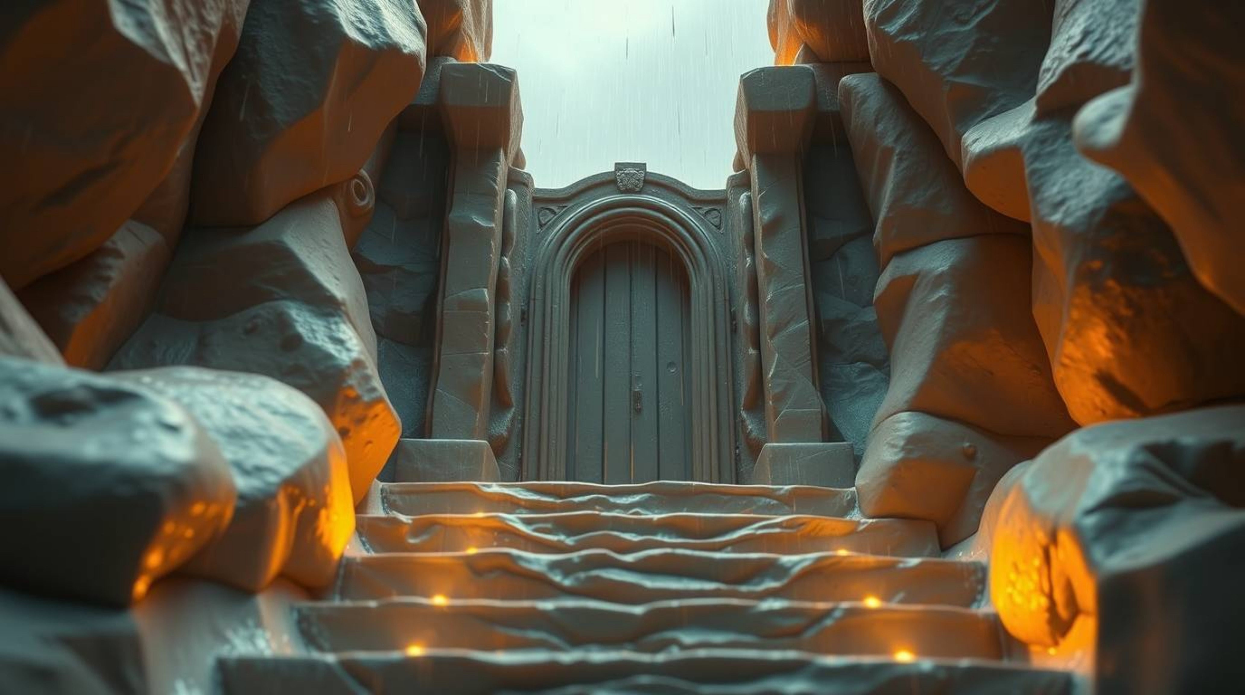 A breathtaking fantasy realism scene featuring a heavenly gate sculpted in wet clay, reflecting the rain. Golden light softly