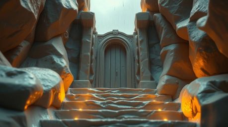 A breathtaking fantasy realism scene featuring a heavenly gate sculpted in wet clay, reflecting the rain. Golden light softly