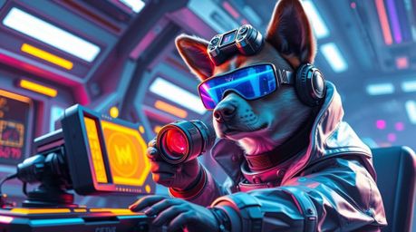Dive into a captivating futuristic sci-fi scene featuring a canine detective utilizing advanced technology and high-tech gadg