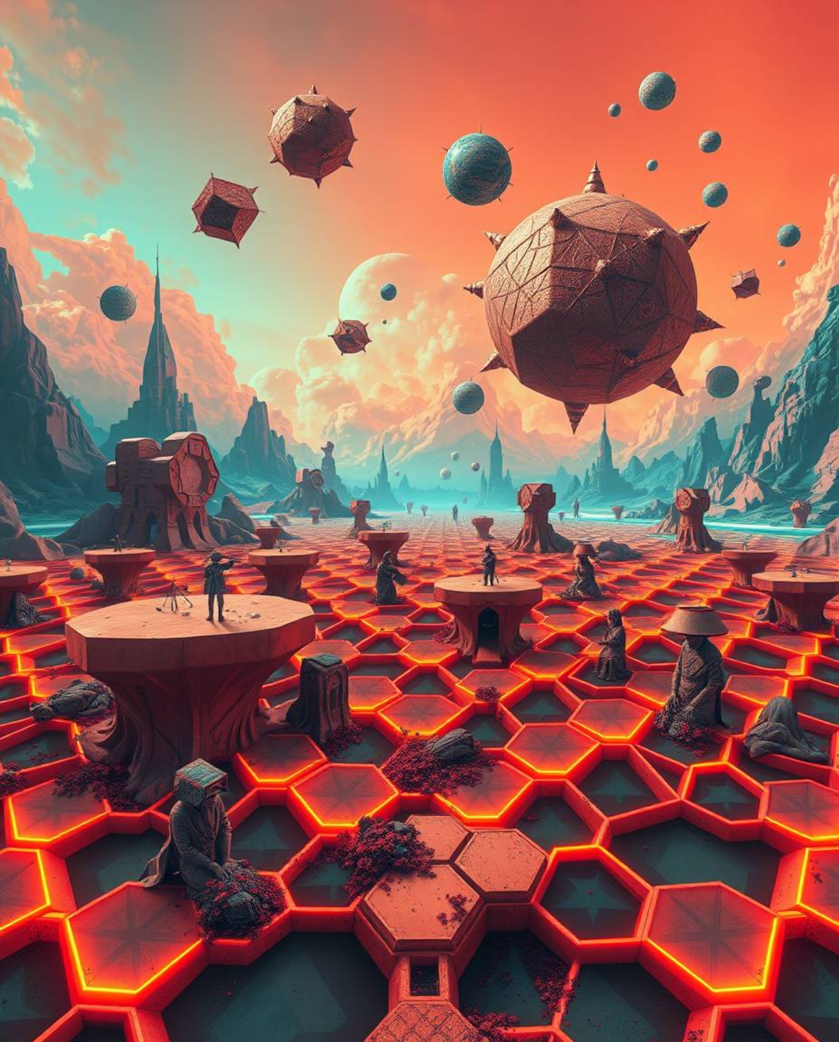 A captivating surreal digital painting featuring a seamless geometric pattern of hexagons and triangles in a vibrant neon col