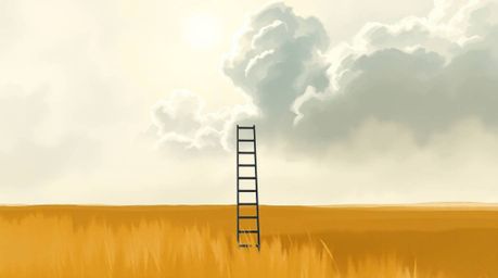 A minimalist scene featuring a silver ladder standing in an open field under a wide, cloudy sky, depicted as a dynamic digita