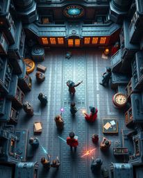 Explore a futuristic magical school brimming with young wizards! This stunning top-down perspective image showcases advanced 