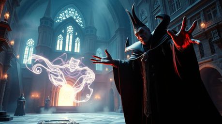 A breathtaking, modern interpretation of a classic Disney villain casting a powerful spell within an ancient castle. This gra