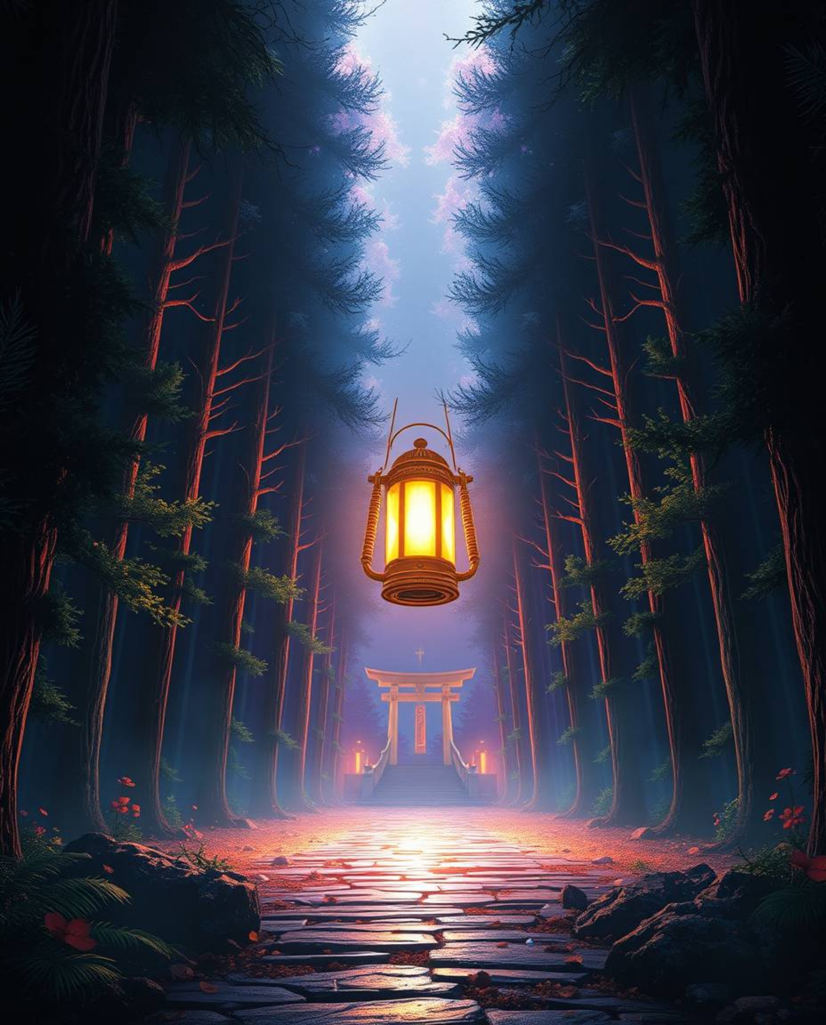 A breathtaking digital artwork depicts a grand epic scene of a glowing lantern illuminating a dark forest. This piece feature