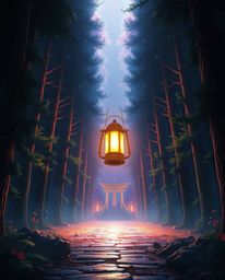 A breathtaking digital artwork depicts a grand epic scene of a glowing lantern illuminating a dark forest. This piece feature