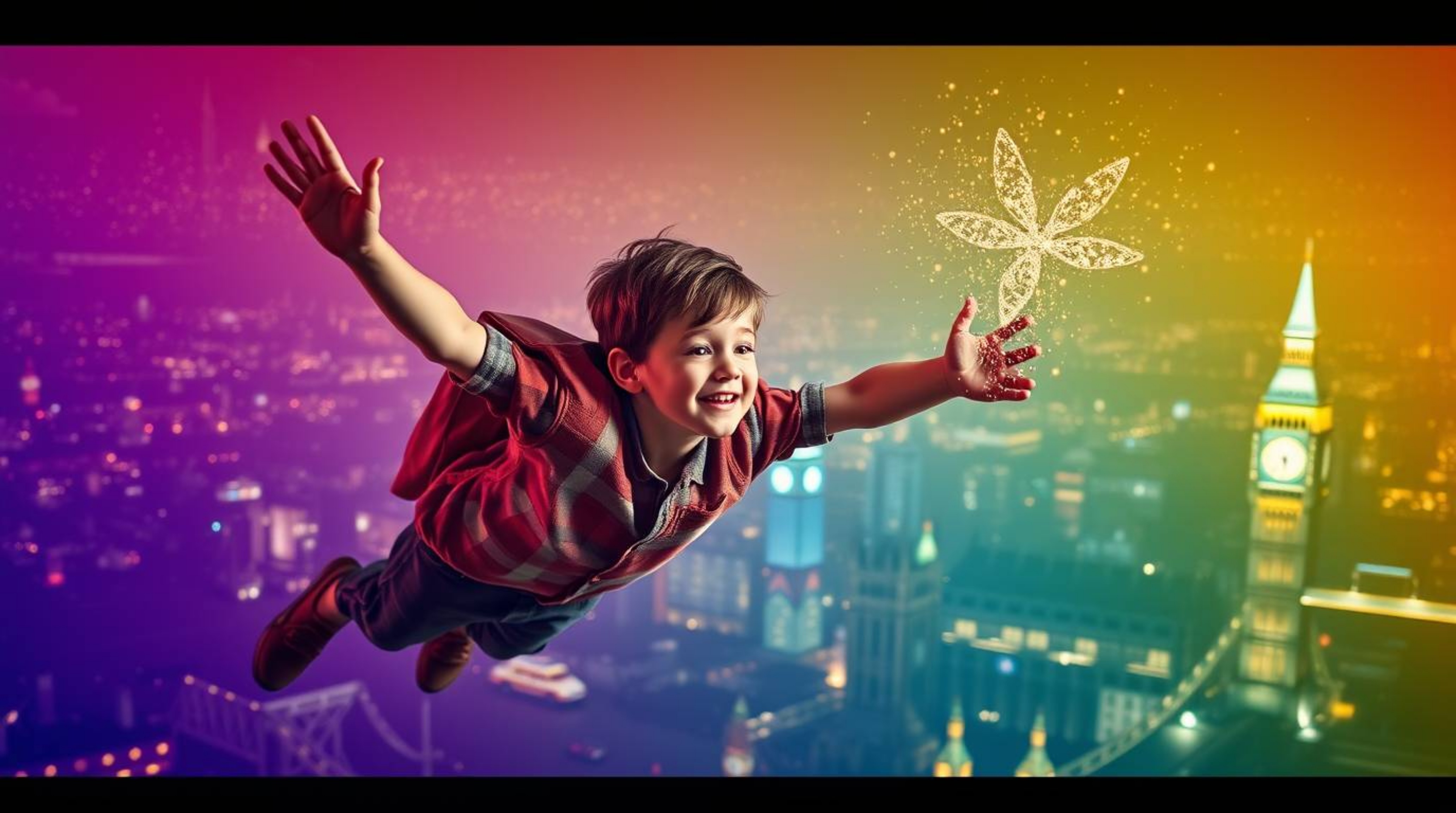 Capture the magic of a young boy with light skin soaring above London, powered by pixie dust. This high-resolution stock phot