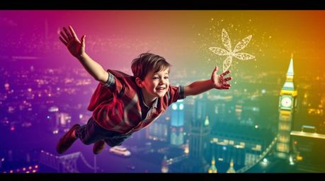 Capture the magic of a young boy with light skin soaring above London, powered by pixie dust. This high-resolution stock phot