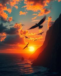 A chiaroscuro-lit, epic, modern, and futuristic scene depicts a sunset over a coastal cliff. Soaring birds are featured on a 
