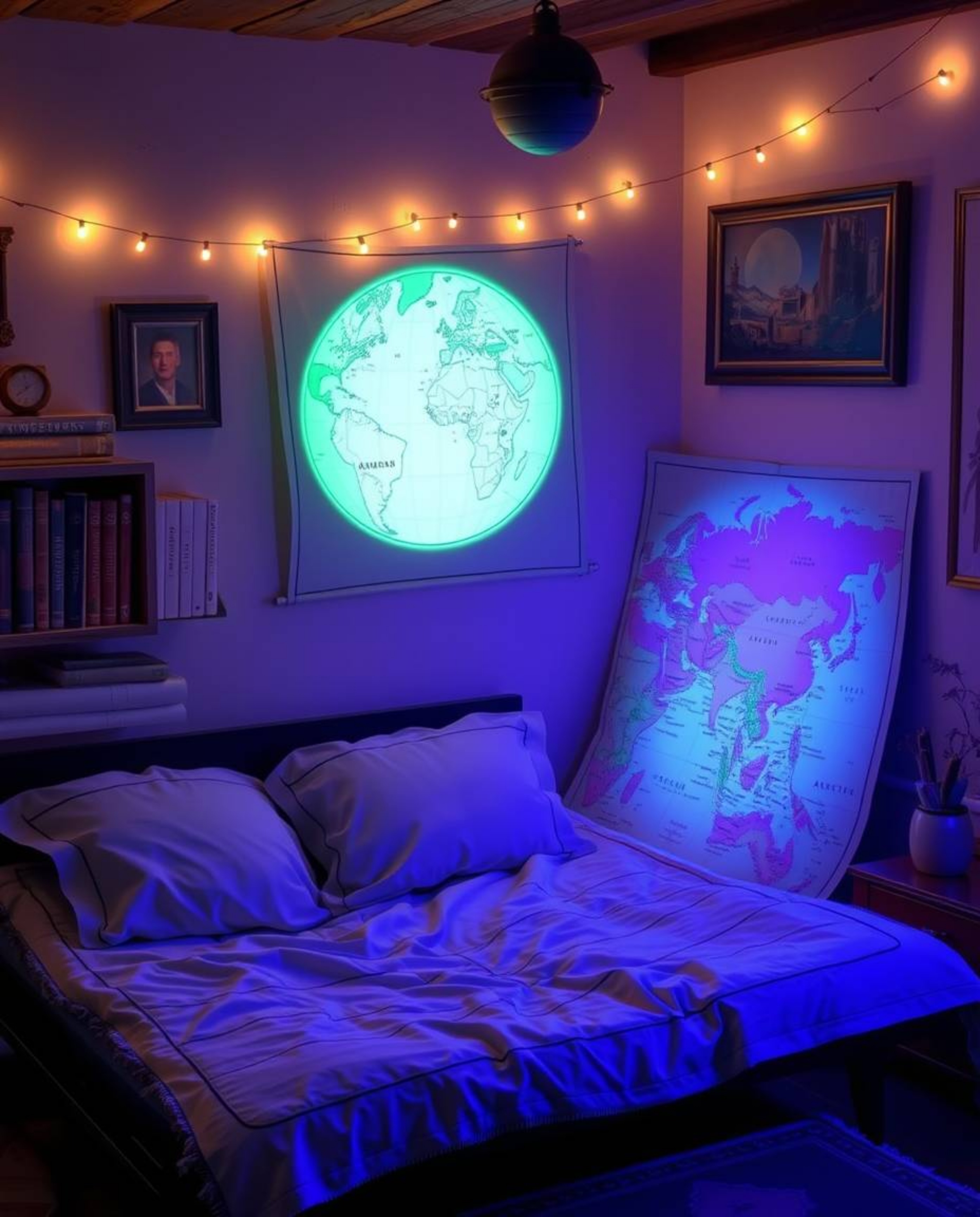 Discover a charming image of a glowing map adorably projected in an old study.  The scene features a cool color palette of bl