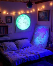 Discover a charming image of a glowing map adorably projected in an old study.  The scene features a cool color palette of bl