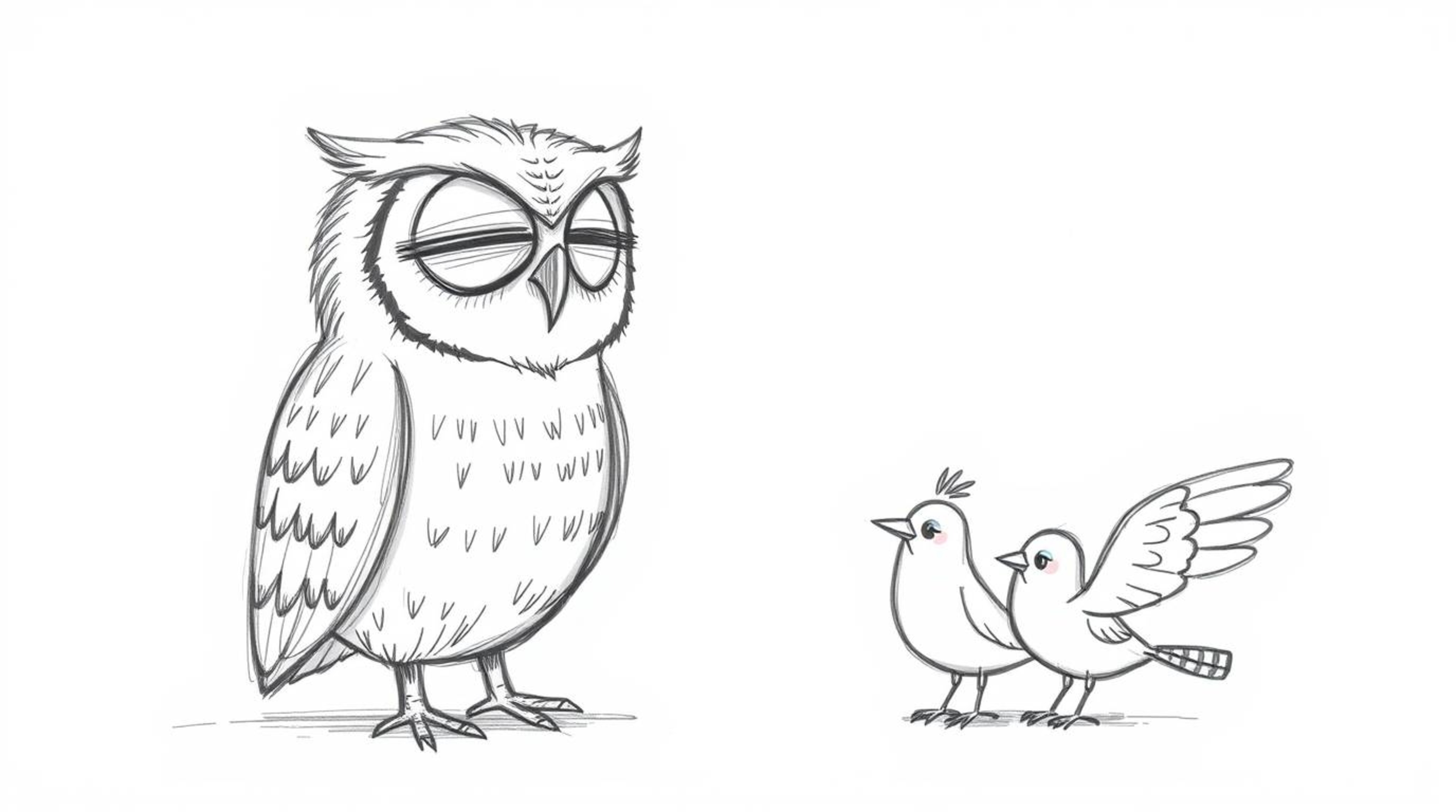 A heartwarming, hand-drawn sketch in Pixar style depicts a gentle, blind owl instructing small, bright birds. The birds are s