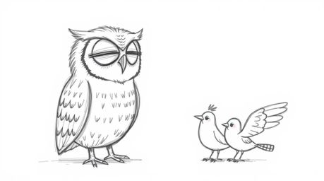 A heartwarming, hand-drawn sketch in Pixar style depicts a gentle, blind owl instructing small, bright birds. The birds are s