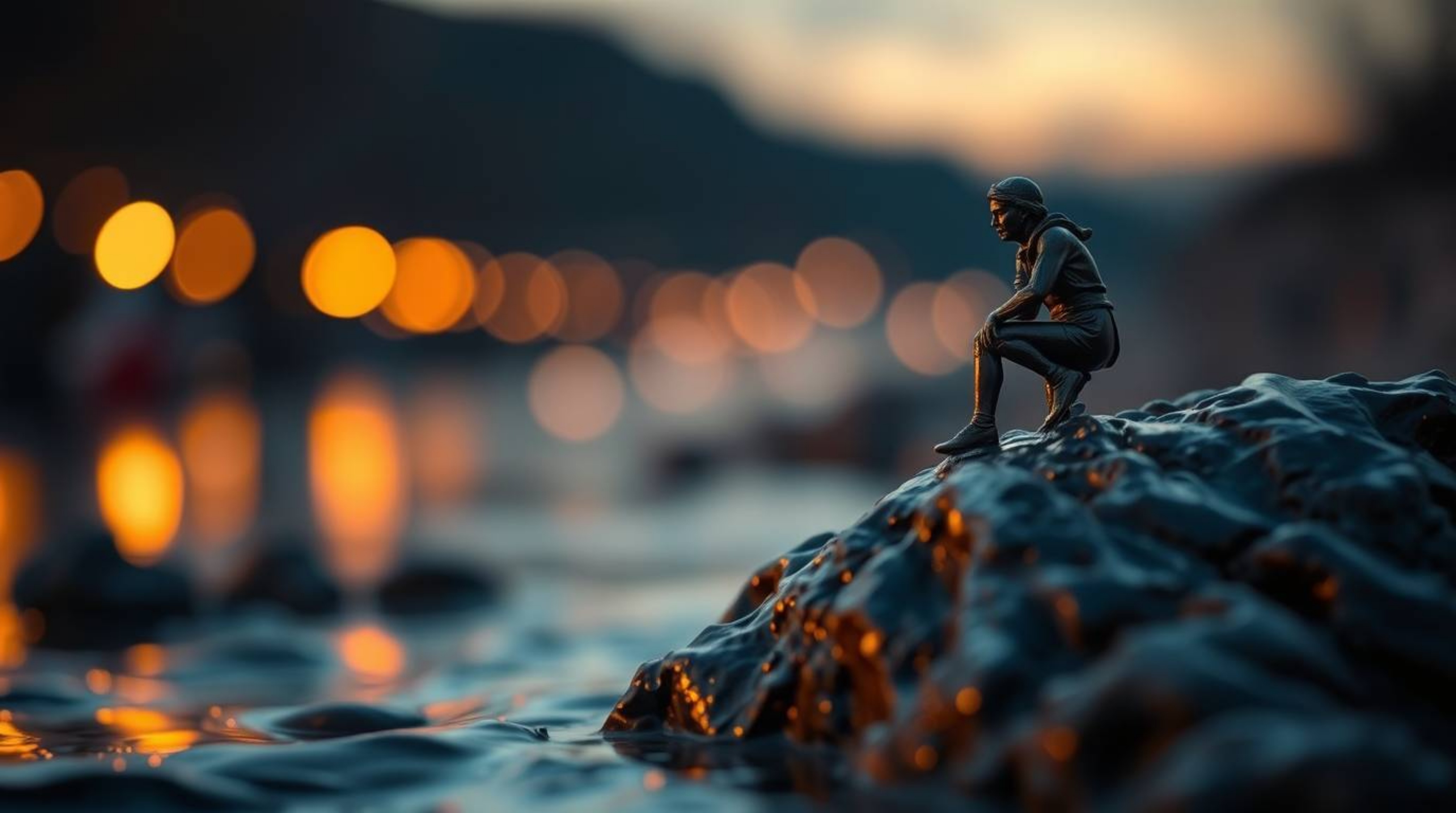 A stunning cast bronze sculpture depicting a river delta bathed in the warm glow of twilight.  The sharp focus on the intrica