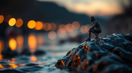A stunning cast bronze sculpture depicting a river delta bathed in the warm glow of twilight.  The sharp focus on the intrica