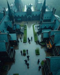 Experience a breathtaking bird's eye view of a magical school bustling with young wizards on a melancholic rainy day. This im