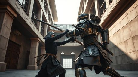 Witness a fierce battle between a samurai and a robot set against a backdrop of detailed, dystopian architecture in this stri