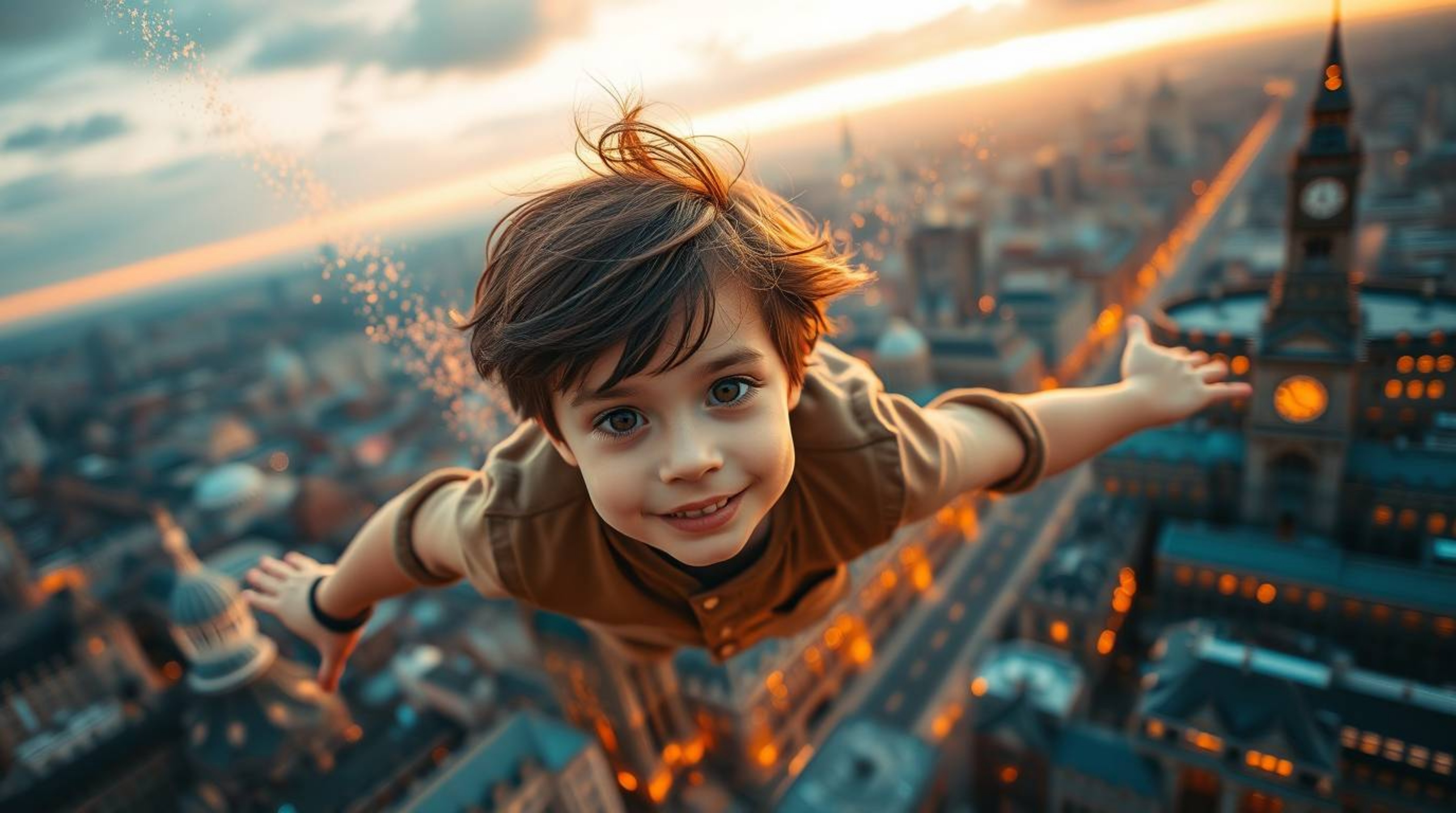 A young boy with tousled brown hair and bright eyes soars above a detailed cityscape of London at sunset, leaving a shimmerin