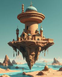 Explore a surreal floating island with bizarre architecture bathed in strong, hard light.  A warm terracotta and cool teal co