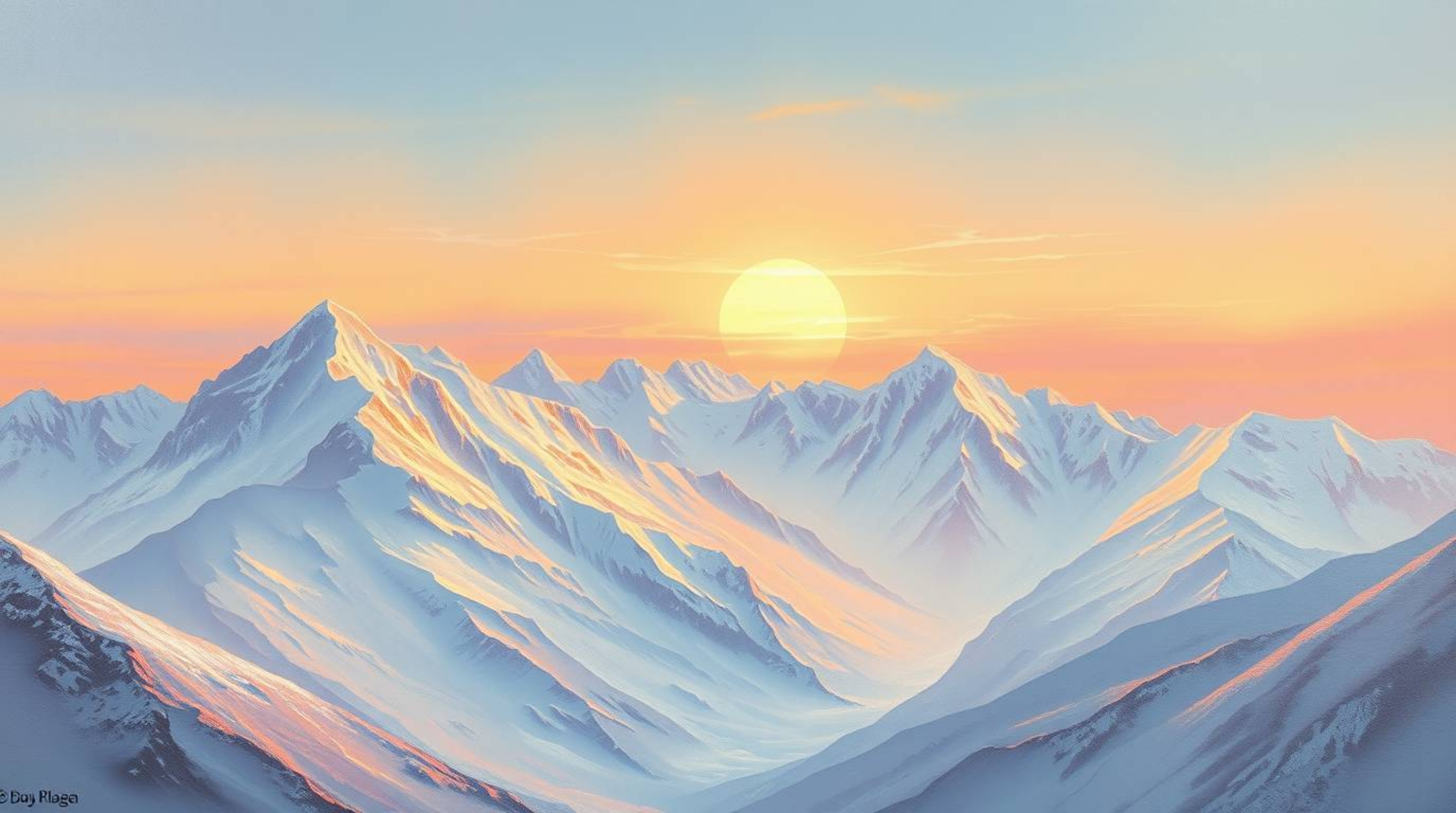Experience the serenity of a classic oil painting depicting ethereal snow-capped mountains bathed in the soft glow of a paste