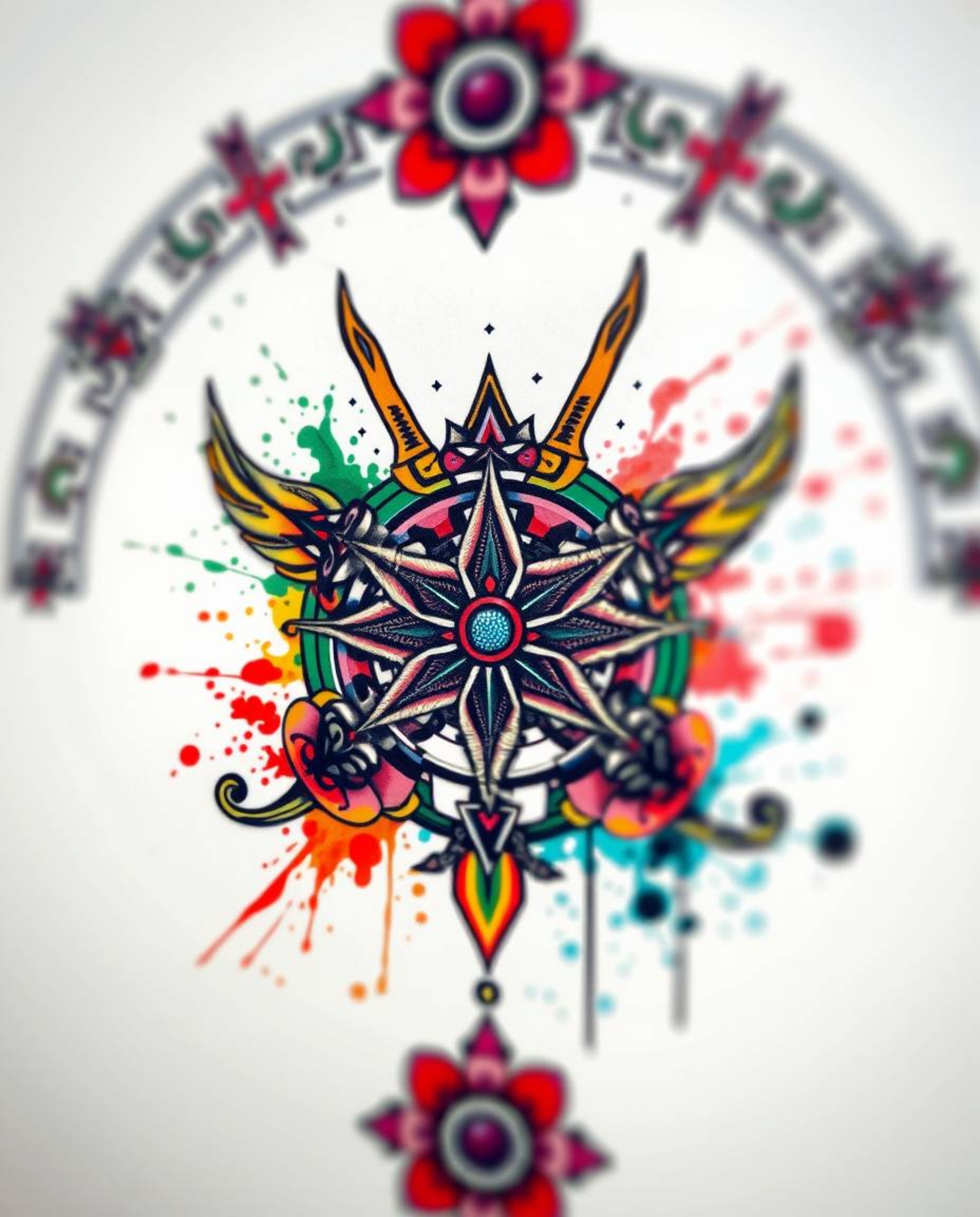 Explore symbolic traditional tattoo art prints featuring dynamic colorful splashes and a blurred bokeh effect. These vibrant 