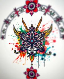 Explore symbolic traditional tattoo art prints featuring dynamic colorful splashes and a blurred bokeh effect. These vibrant 