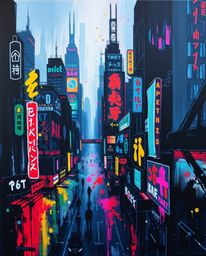 A bold acrylic painting capturing a dramatic cyberpunk cityscape. The artwork features high contrast and low-key lighting, wi