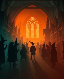 Discover a captivating silhouette of a magical school brimming with young wizards.  Bathed in warm terracotta and cool teal l
