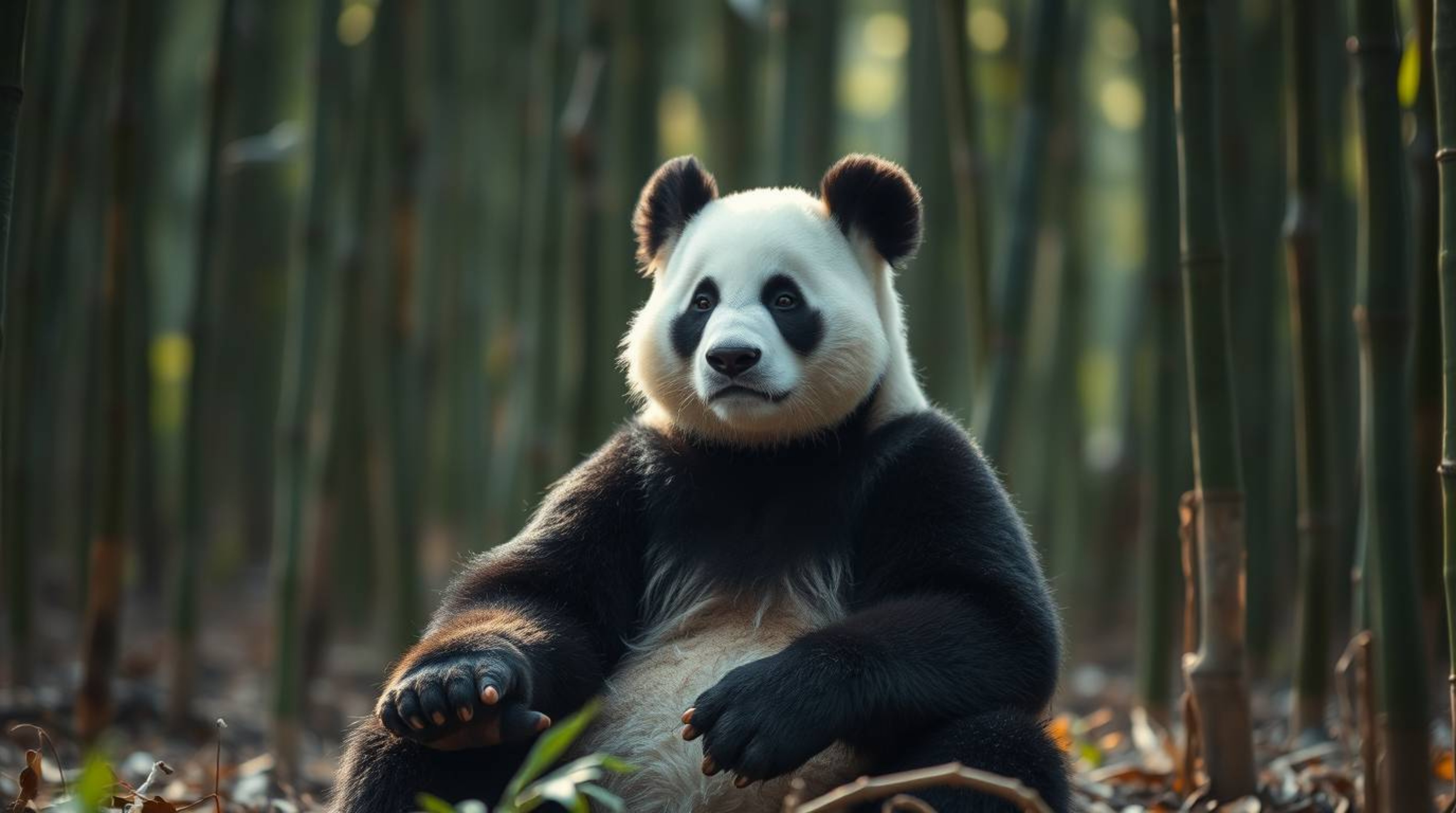 Experience the serenity of a martial artist panda deep in meditation within a softly lit bamboo forest. This tight close-up s