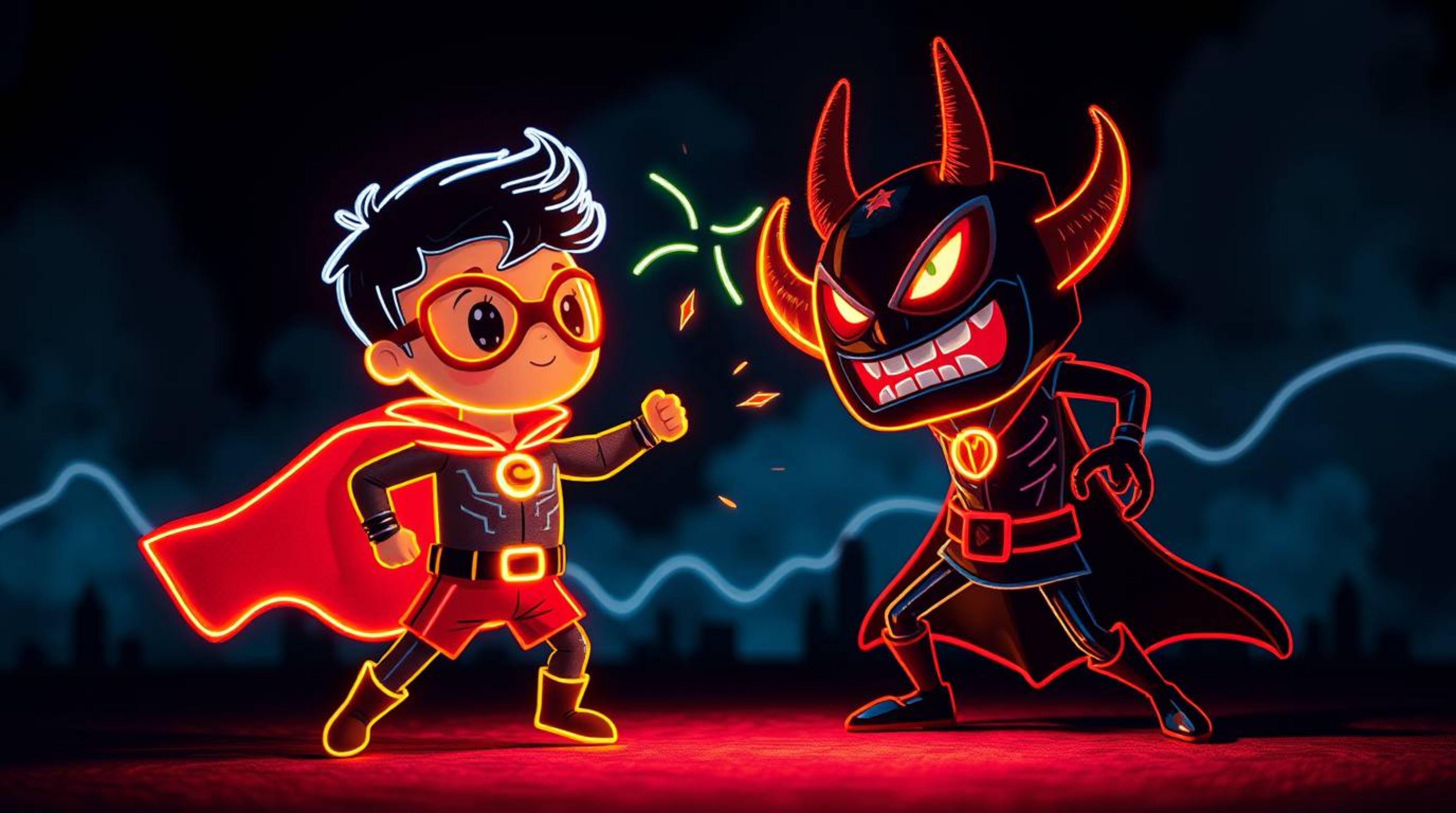 This captivating light art showcases an adorable superhero, complete with a flowing cape, locked in a whimsical battle agains