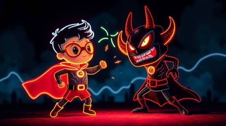 This captivating light art showcases an adorable superhero, complete with a flowing cape, locked in a whimsical battle agains