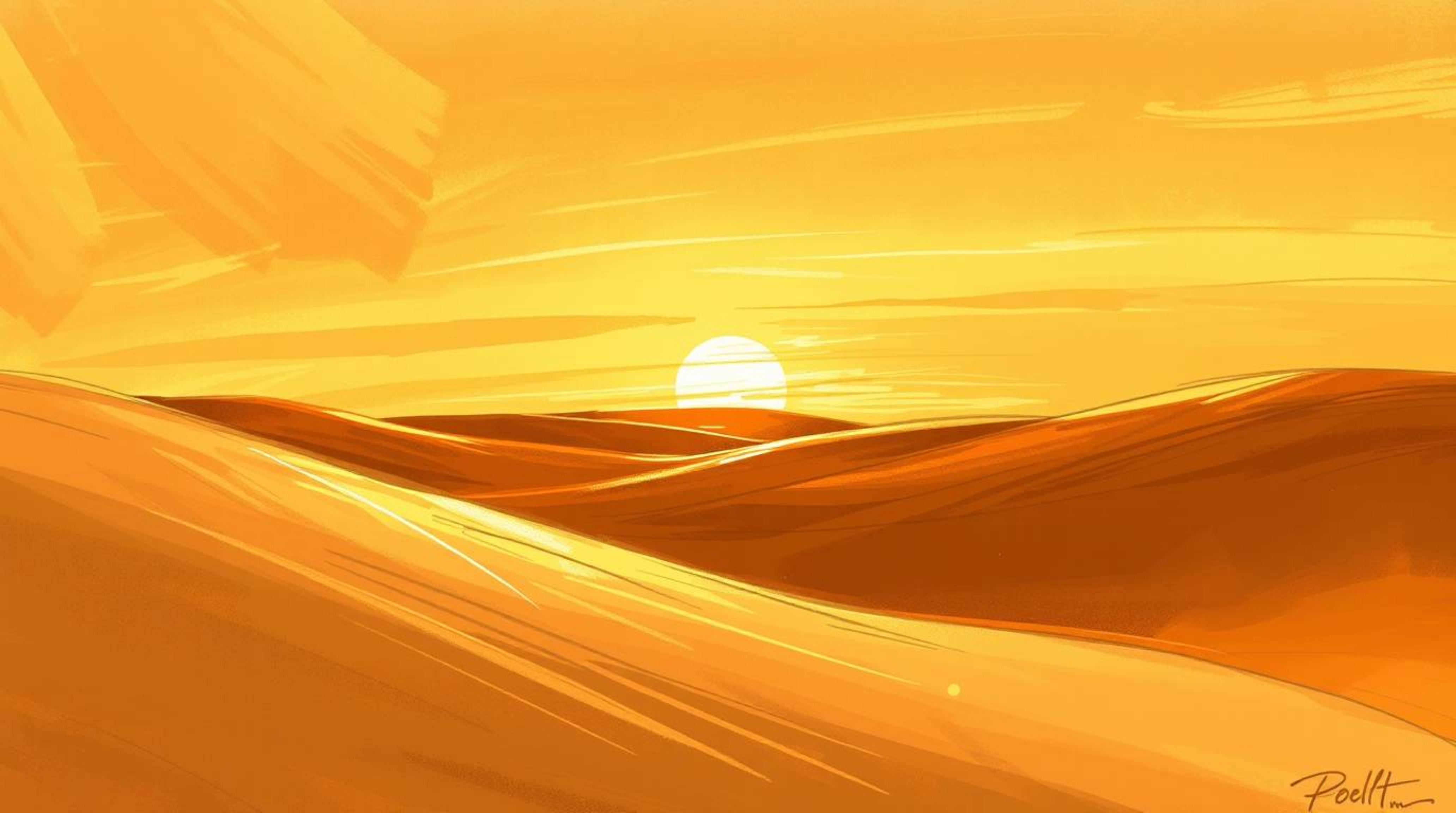 A captivating digital painting showcases a vibrant sunset over golden desert dunes. Rendered with loose, painterly strokes a