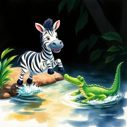 A vibrant watercolor painting depicts a charming 3D cartoon zebra with distinctive black and white stripes, flashing a friend