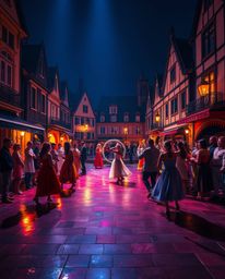A vibrant musical performance unfolds in a brightly lit town square.  Intense dramatic lighting, iridescent colors, and refle