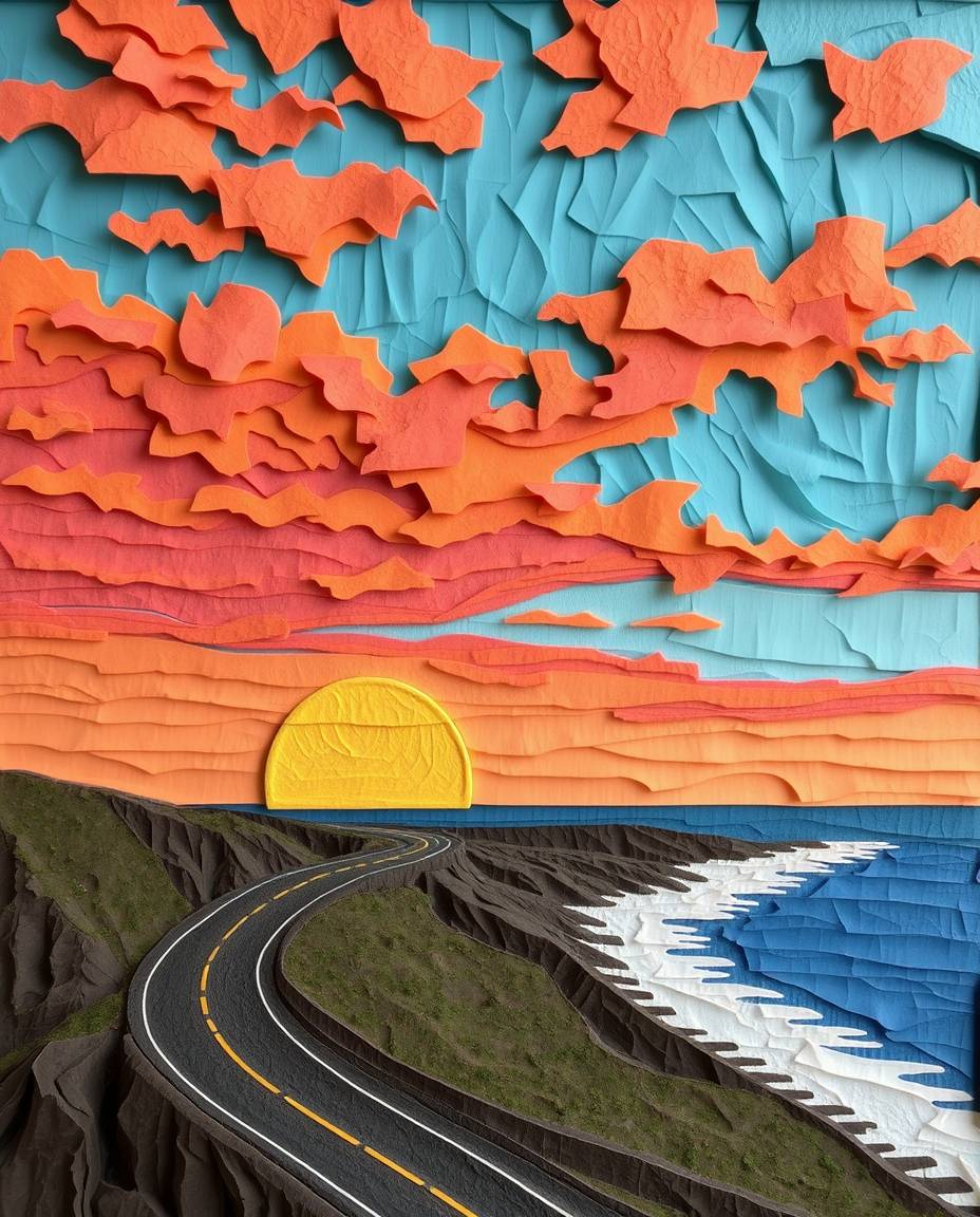This is a unique artwork depicting a sunset sky over a winding coastal highway, created using a layered papier-mâché material