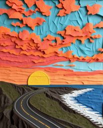 This is a unique artwork depicting a sunset sky over a winding coastal highway, created using a layered papier-mâché material