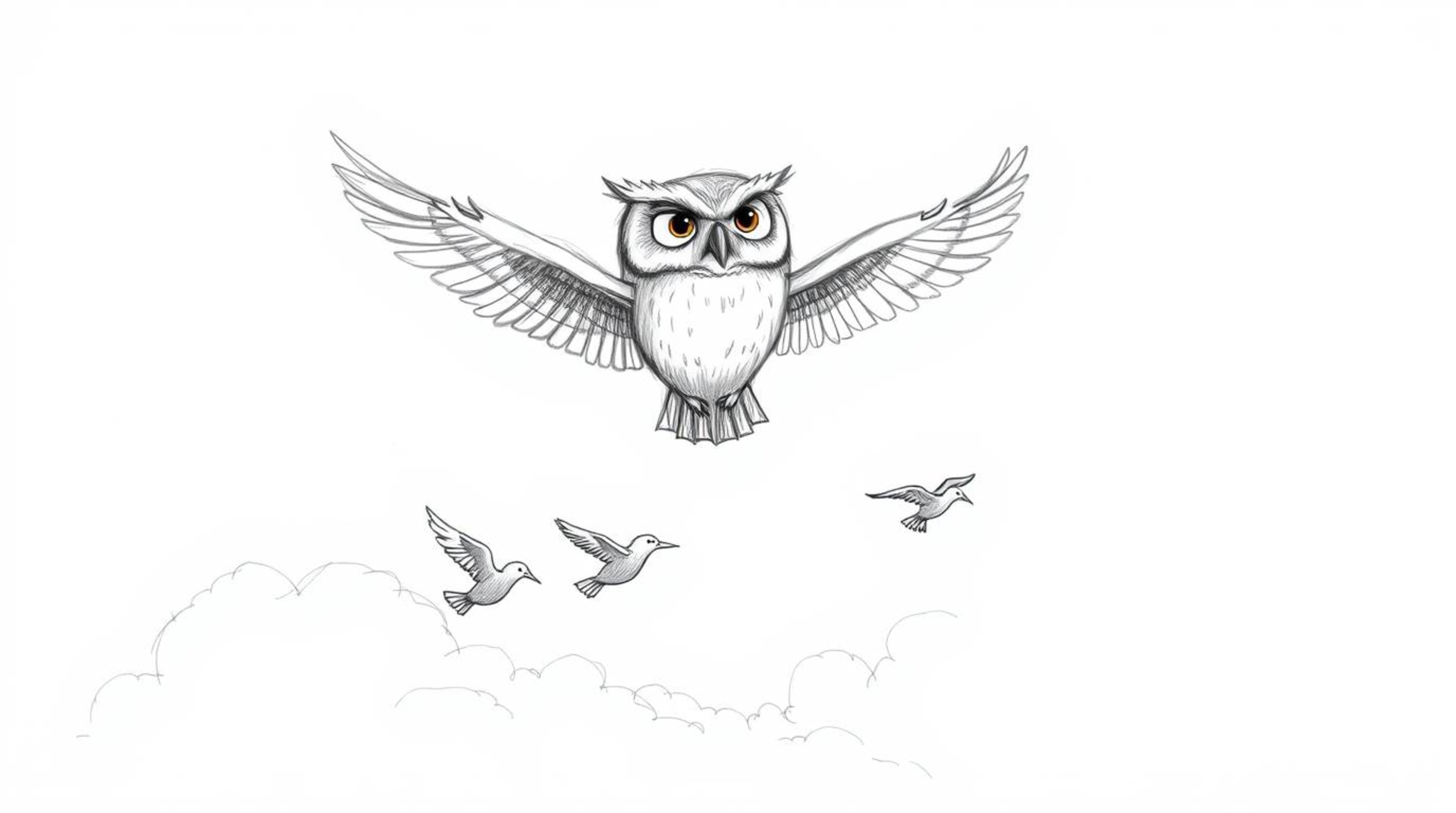 A heartwarming hand-drawn sketch in the style of Pixar depicts a blind owl, rendered with soft, feathery texture and rough pe