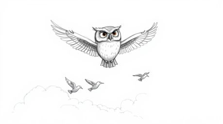 A heartwarming hand-drawn sketch in the style of Pixar depicts a blind owl, rendered with soft, feathery texture and rough pe