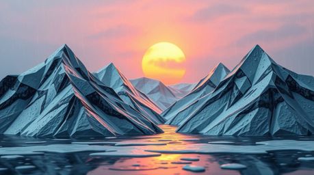Delightful papier-mâché artwork depicting adorable snow-covered mountains bathed in the soft glow of a pastel sunset.  A gent