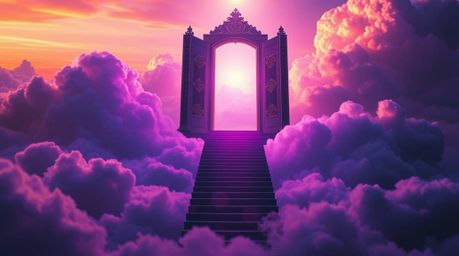 A breathtaking extreme macro shot depicts a heavenly gate suspended above a sea of clouds, with stairs ascending towards it a