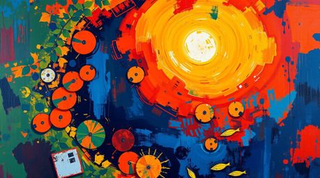 A stunning bold acrylic painting showcases a bird's-eye view of a calm pond reflecting a vibrant sunset.  The artwork feature