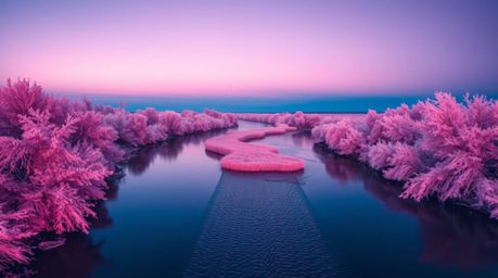 Explore a captivating long exposure infrared photograph capturing a river delta at twilight, bathed in surreal and otherworld