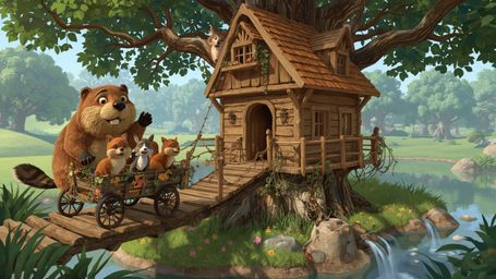 A high-resolution stock photo captures a busy beaver with warm, golden fur constructing the perfect treehouse in a lush, vibr