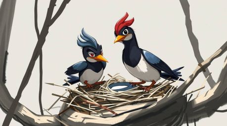 A dynamic digital sketch showcases two cartoon birds diligently constructing a nest, rendered in a classic animation style. T