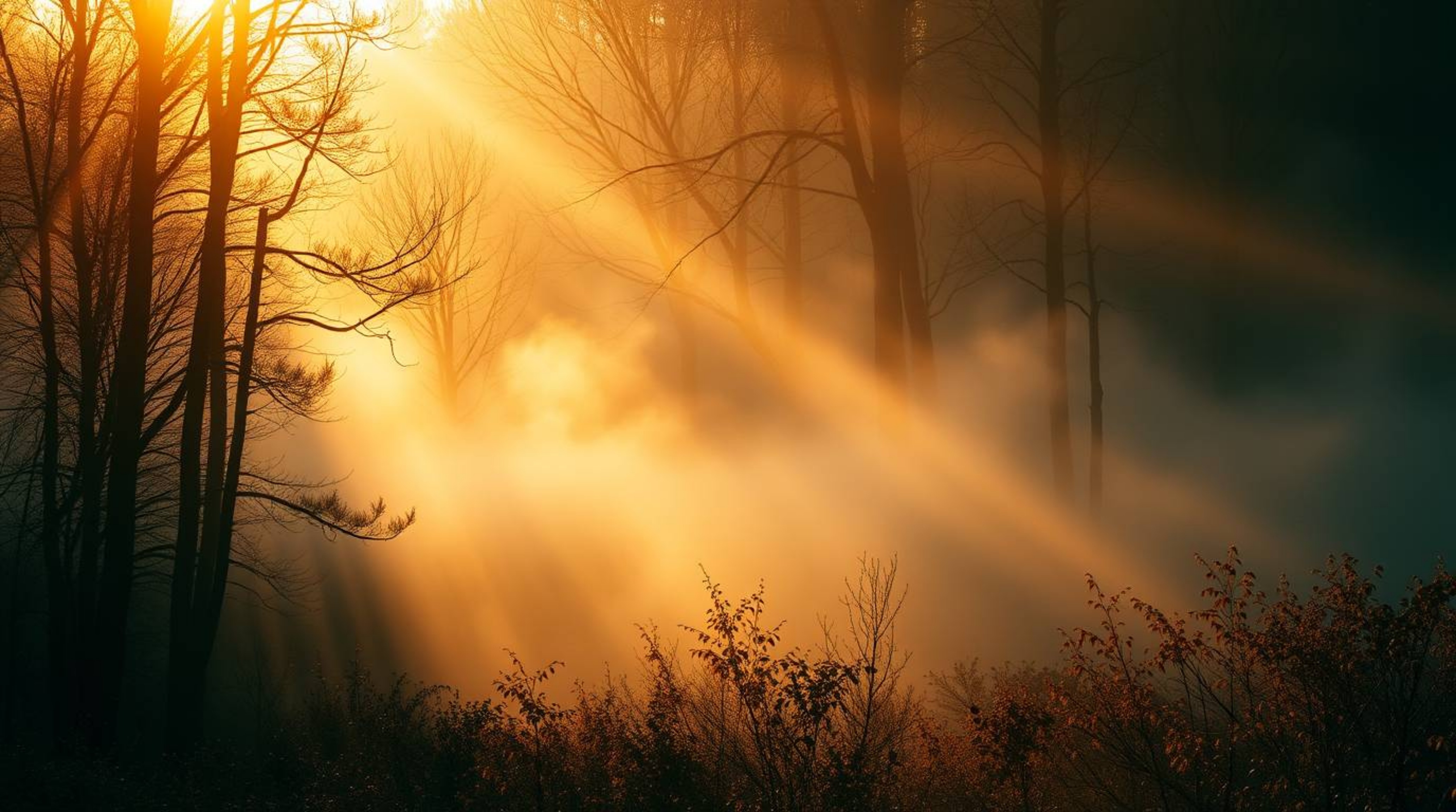 Experience the enchanting beauty of chiaroscuro lighting as mist rises from a forest during golden hour.  Warm autumnal color
