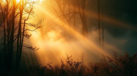 Experience the enchanting beauty of chiaroscuro lighting as mist rises from a forest during golden hour.  Warm autumnal color