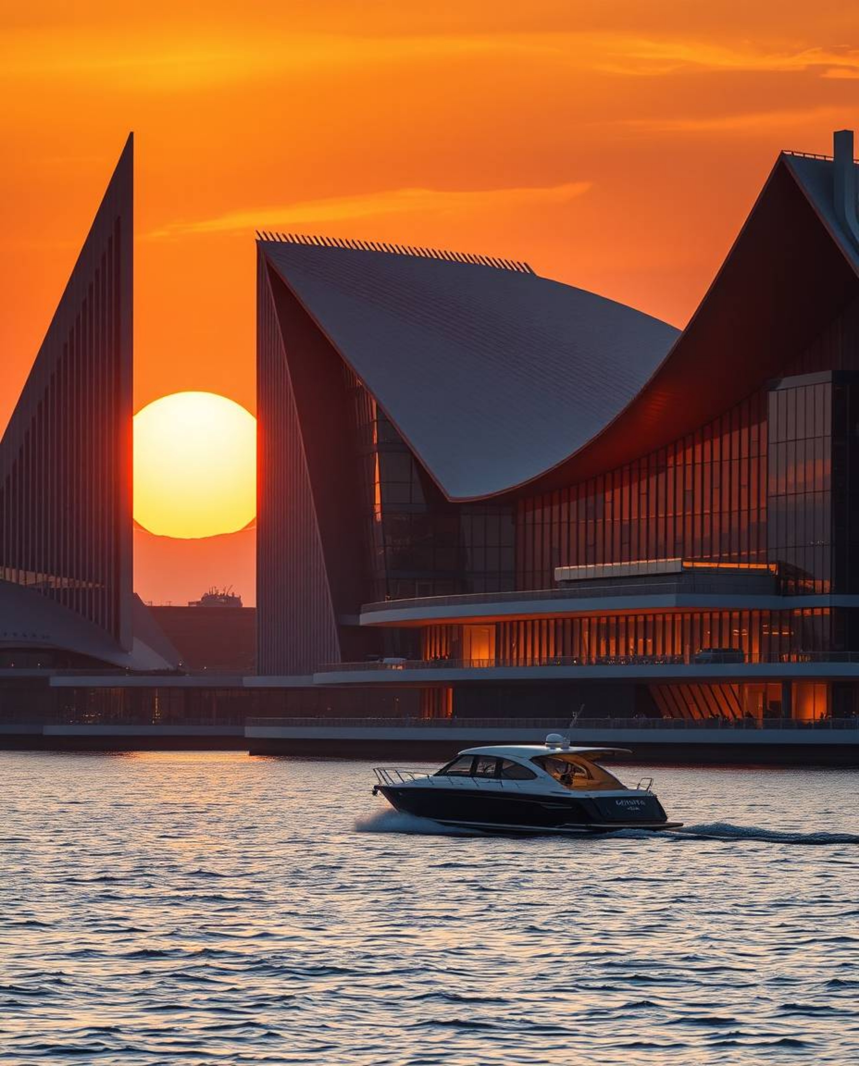An epic scene, rendered in the style of modern architectural photography, depicts a boat drifting on a lake at sunset. The co