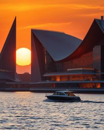 An epic scene, rendered in the style of modern architectural photography, depicts a boat drifting on a lake at sunset. The co
