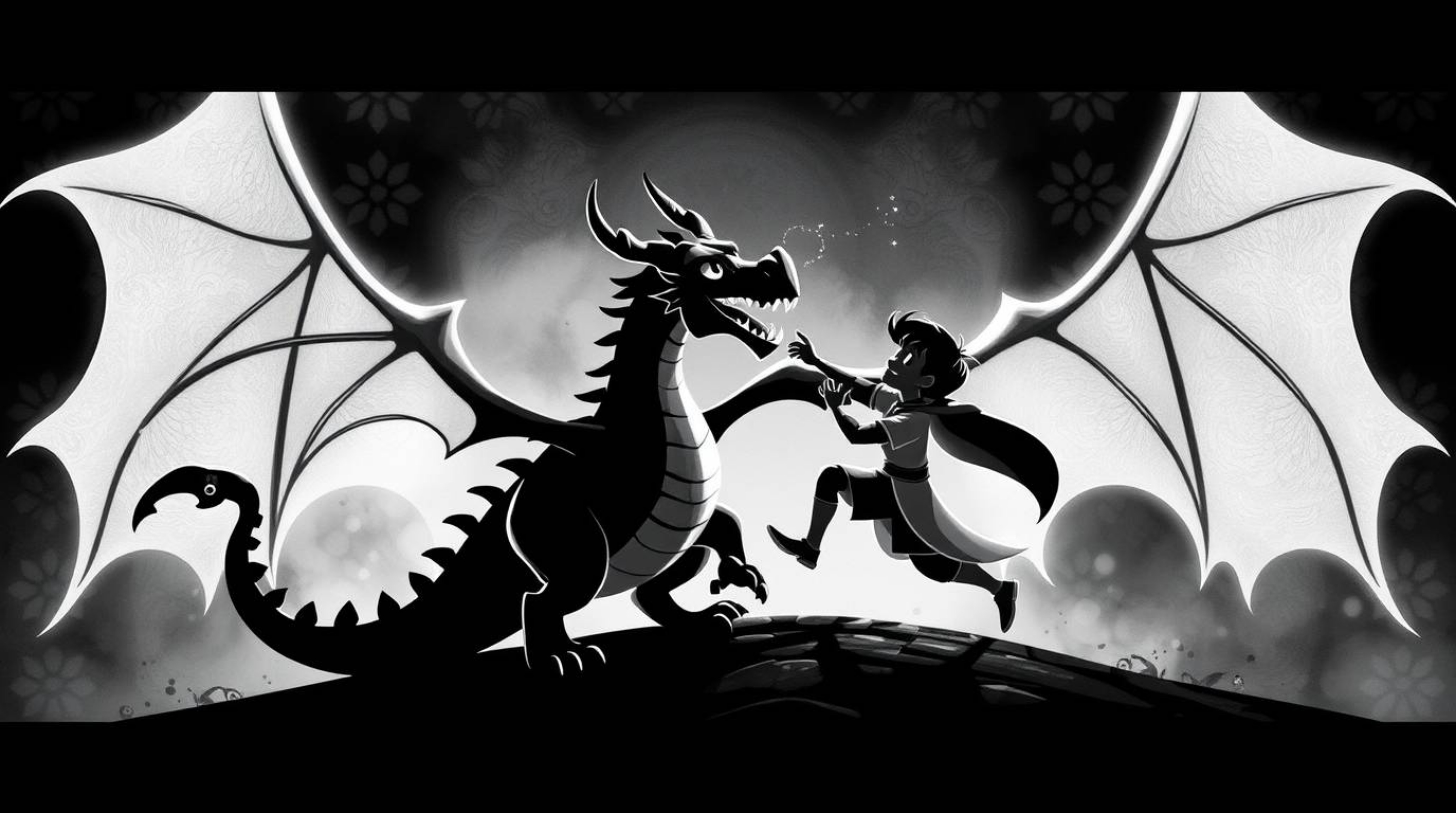 A captivating blend of classic and modern, this artwork depicts a charming prince battling a fierce dragon in a stylized 1950