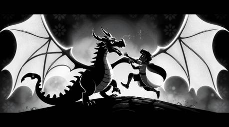 A captivating blend of classic and modern, this artwork depicts a charming prince battling a fierce dragon in a stylized 1950